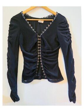 Cache black mesh hook & eye ruched top ✨ corset style sheer going out top Y2K
